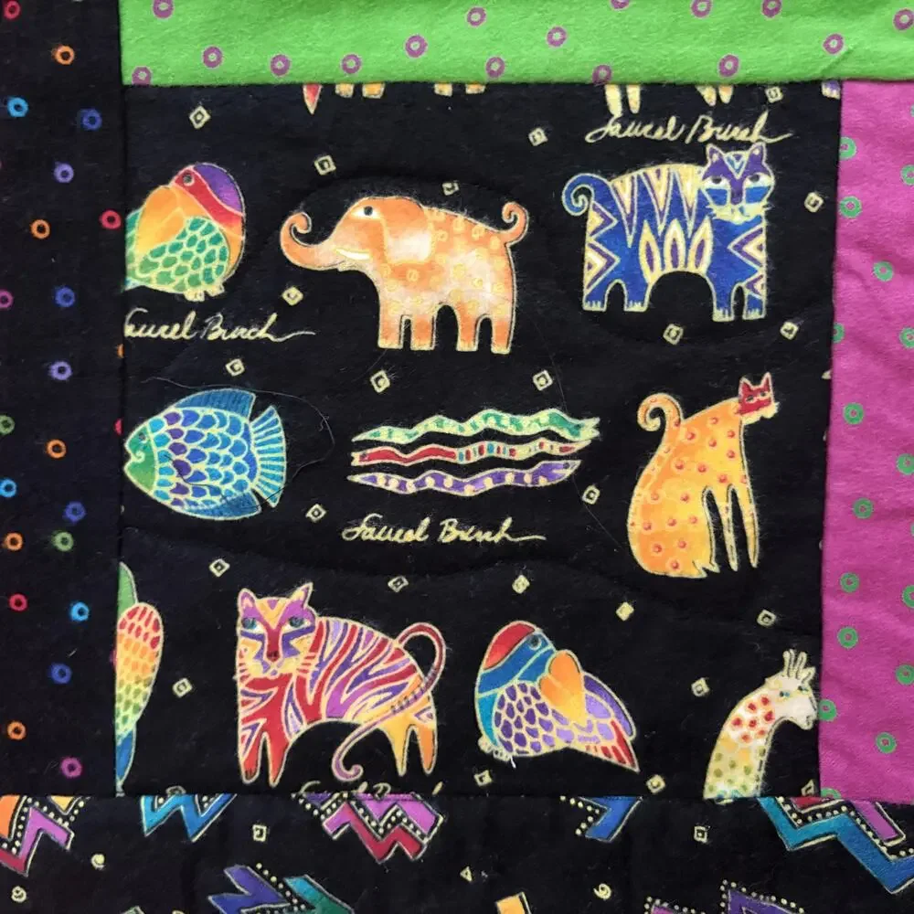 Vintage Laurel Burch Reversible Patchwork Quilt Throw Handmade Cat Dog Boho